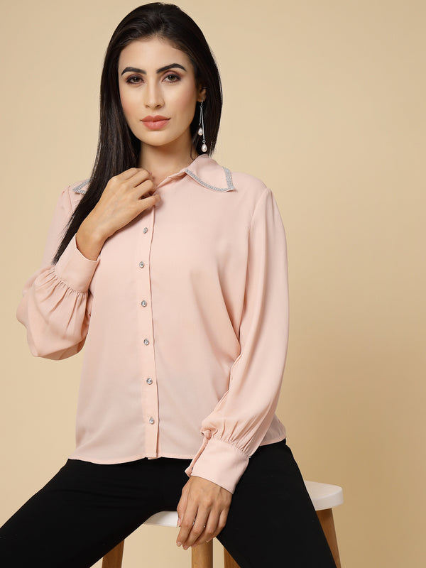 Gipsy Gipsy Women Clay Solid Georgette Bishop Full Sleeve Collared Resin Stone Detailing Neck Shirt Clay