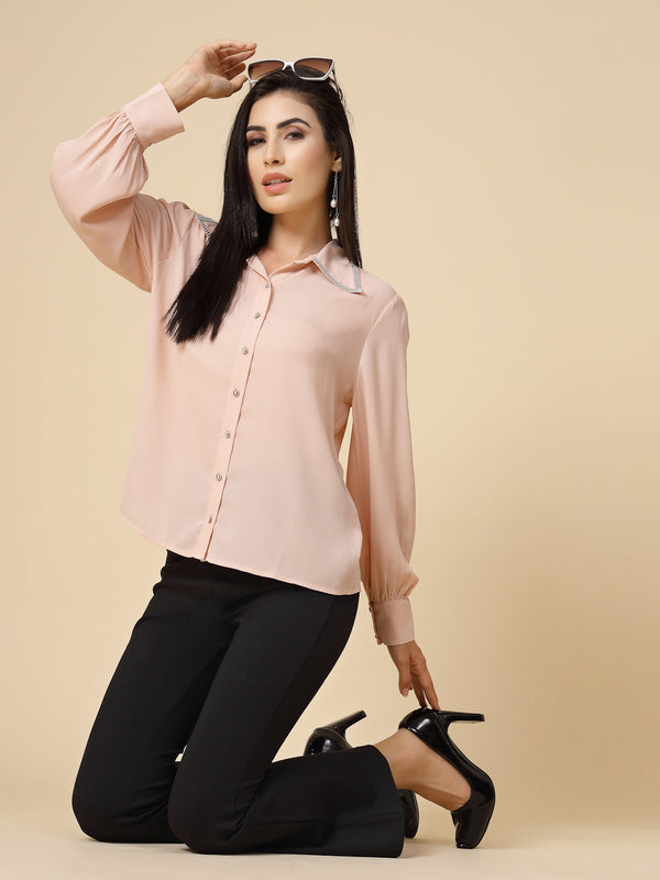 Gipsy Gipsy Women Clay Solid Georgette Bishop Full Sleeve Collared Resin Stone Detailing Neck Shirt Clay