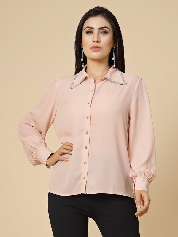 gipsy Gipsy Women Clay Solid Georgette Bishop Full Sleeve Collared Resin stone Detailing Neck Shirt Clay