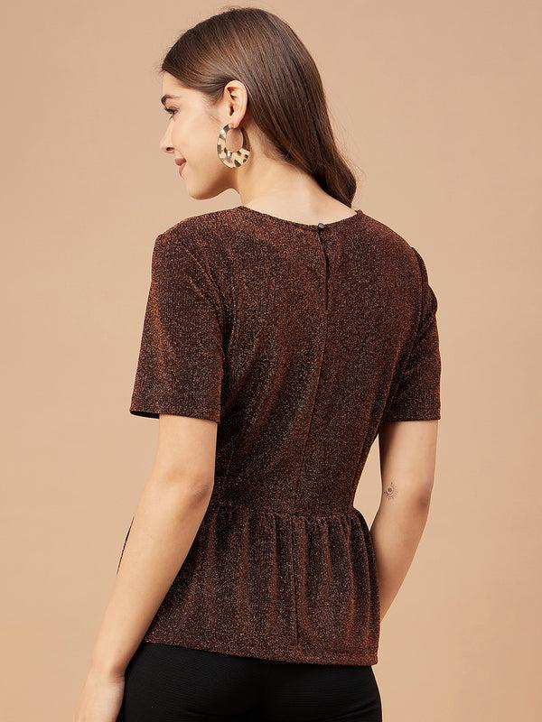 Gipsy Gipsy Women Copper Solid Polyester Bishop Sleeve Round Neck Blouse Copper