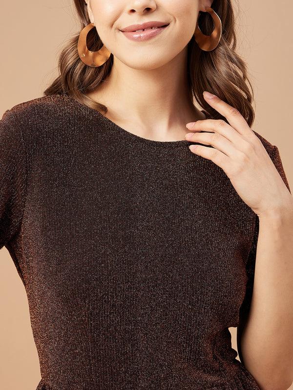 Gipsy Gipsy Women Copper Solid Polyester Bishop Sleeve Round Neck Blouse Copper