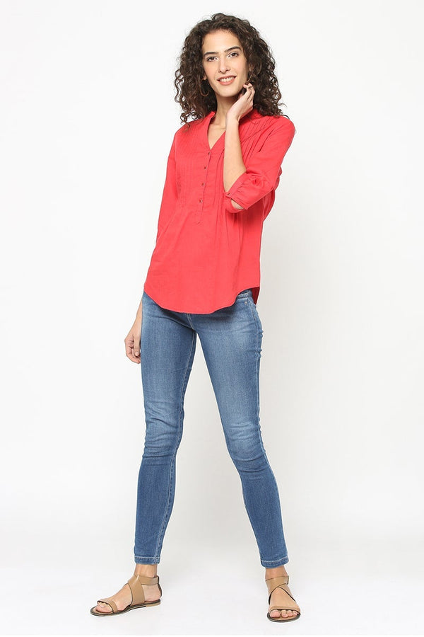 Gipsy Gipsy Women Coral Round Neck With V Cut 3/4 Quarter Sleeves Tunic Coral