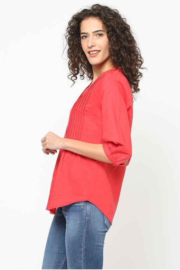 Gipsy Gipsy Women Coral Round Neck With V Cut 3/4 Quarter Sleeves Tunic Coral