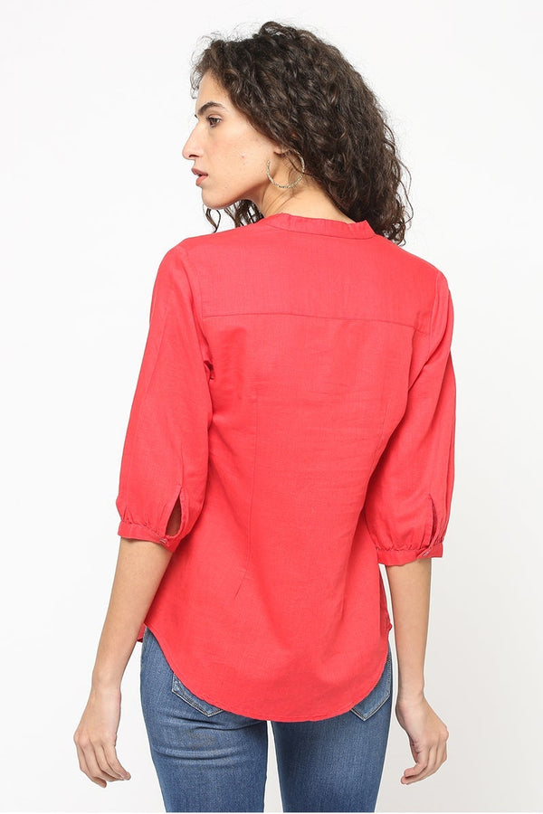 Gipsy Gipsy Women Coral Round Neck With V Cut 3/4 Quarter Sleeves Tunic Coral