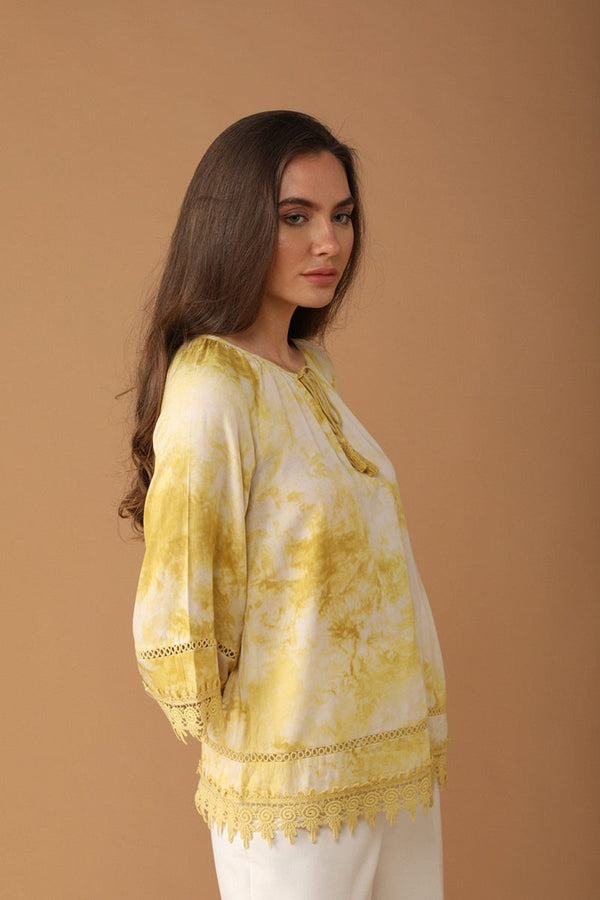 Gipsy Gipsy Women Cotton Boat Neck Yellow Tunic Yellow