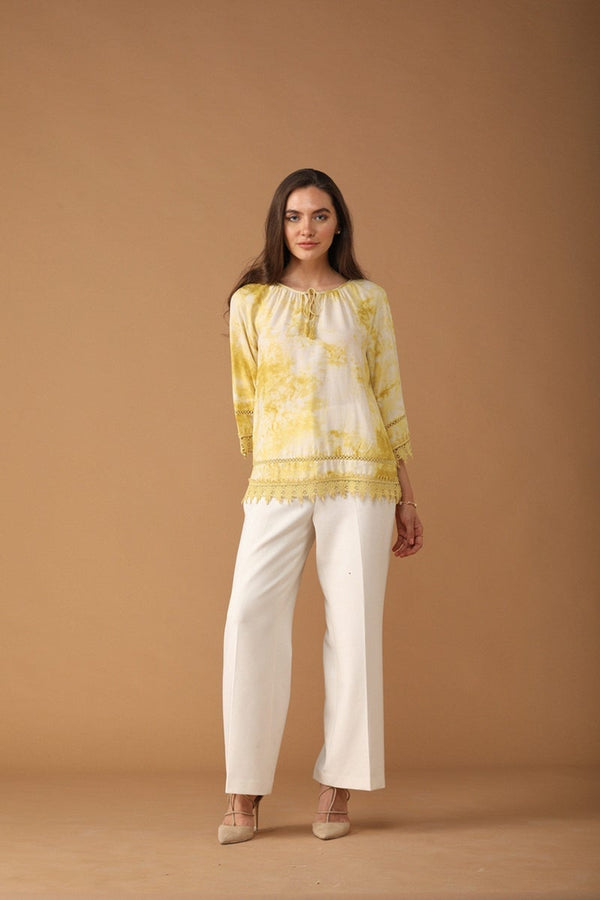 Gipsy Gipsy Women Cotton Boat Neck Yellow Tunic Yellow