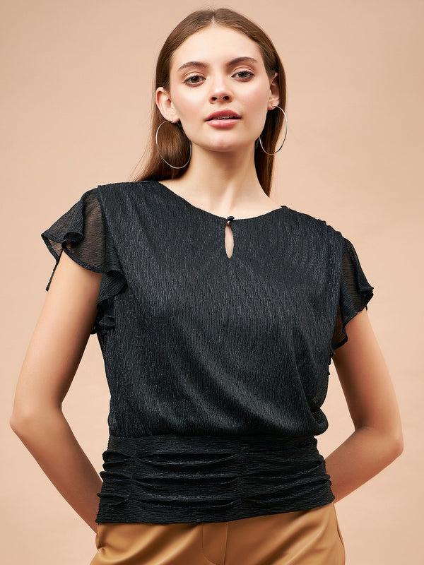 Gipsy Gipsy Women French Navy Solid Polyester Flutter Sleeve Round Neck Blouse French Navy