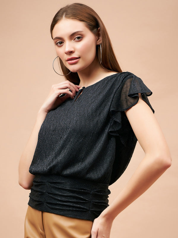 Gipsy Gipsy Women French Navy Solid Polyester Flutter Sleeve Round Neck Blouse French Navy