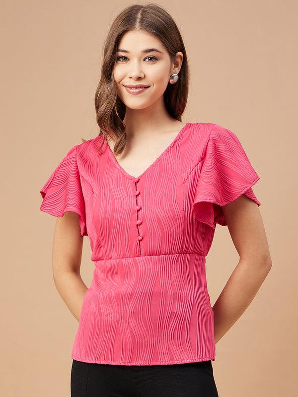 Gipsy Gipsy Women Fushia Solid Polyester Flutter Sleeve V Neck Blouse Fushia