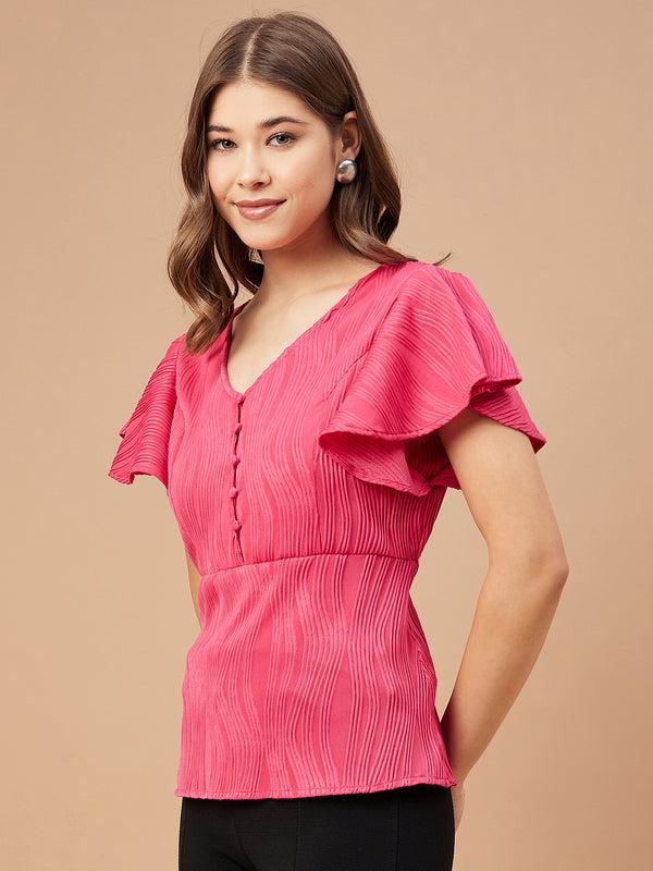 Gipsy Gipsy Women Fushia Solid Polyester Flutter Sleeve V Neck Blouse Fushia