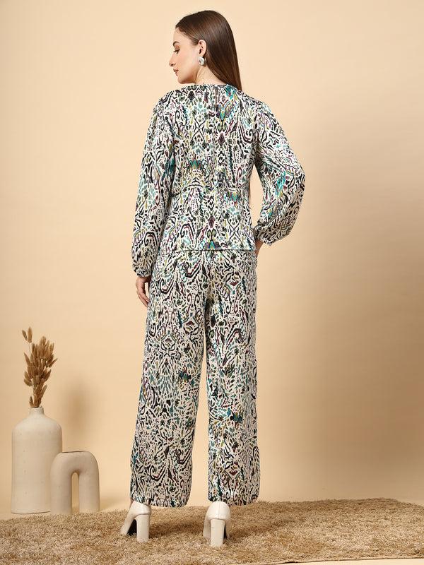 Gipsy Gipsy Women Green Printed Satin Co-ord Set With Front Knotting