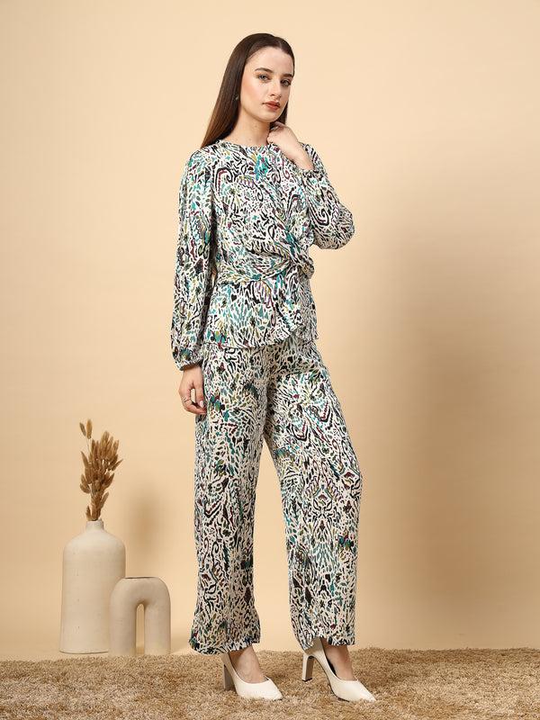 Gipsy Gipsy Women Green Printed Satin Co-ord Set With Front Knotting