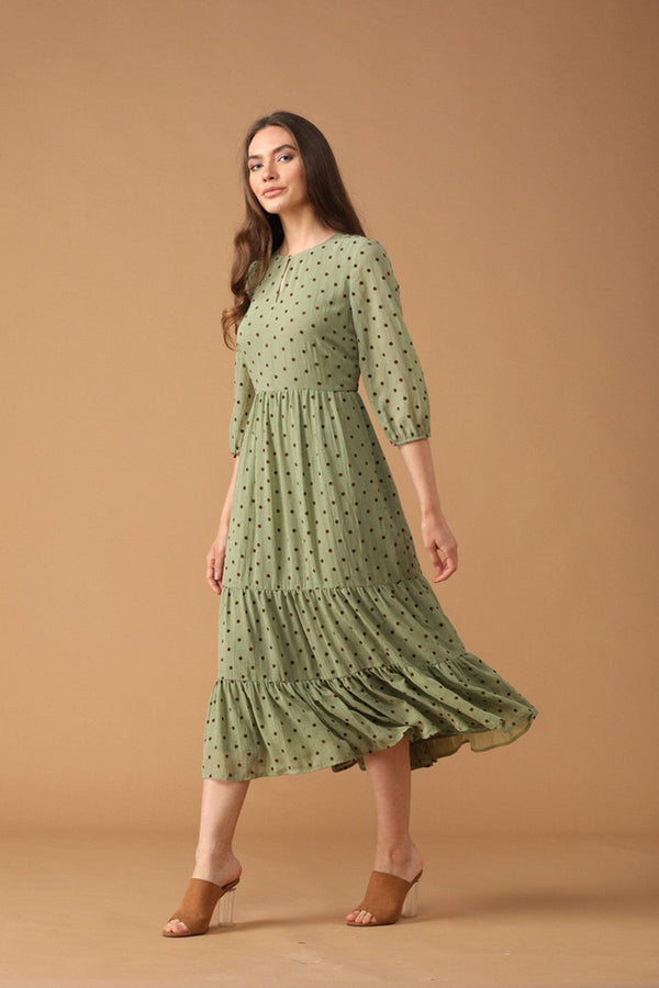 Gipsy Gipsy Women Green Round Neck 3/4 Quarter Sleeves Dress Green