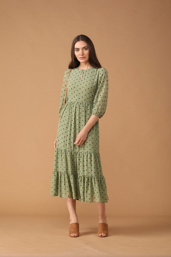 gipsy Gipsy Women Green Round Neck 3/4 Quarter Sleeves Dress Green