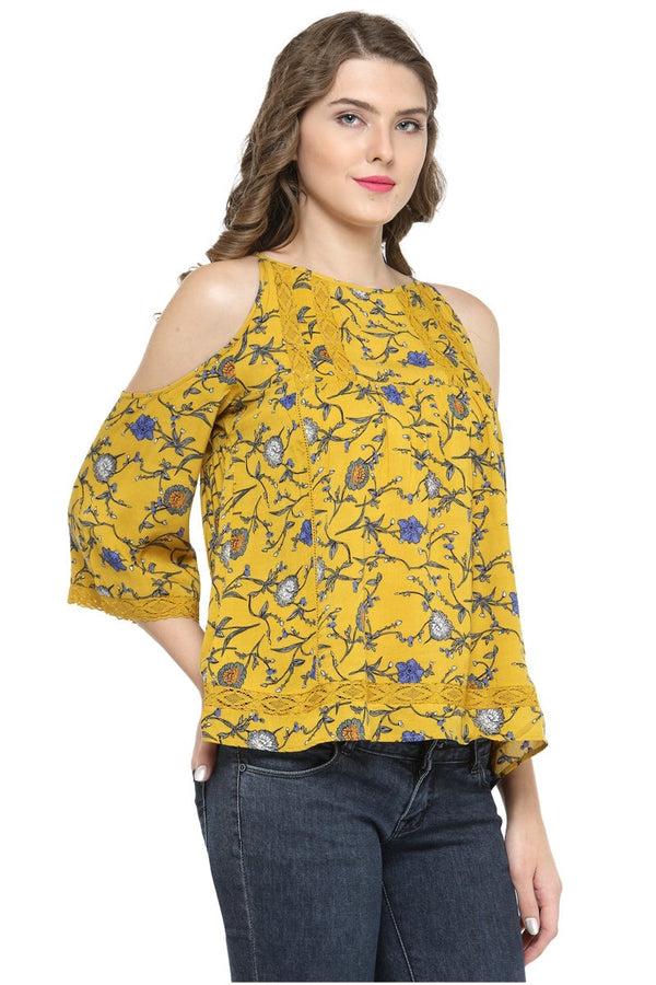 Gipsy Gipsy Women Mustard Boat Neck 3/4 Quarter Sleeves Top Mustard