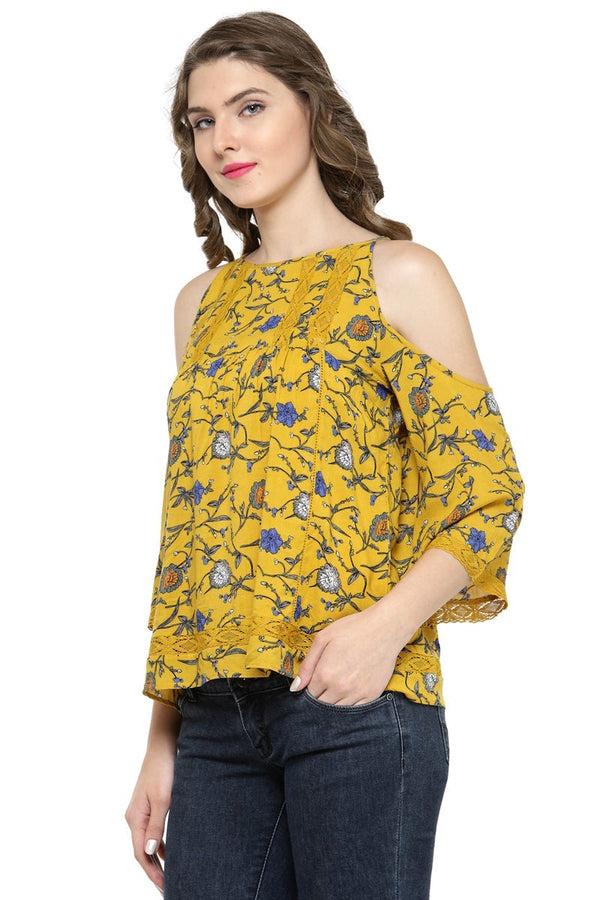 Gipsy Gipsy Women Mustard Boat Neck 3/4 Quarter Sleeves Top Mustard