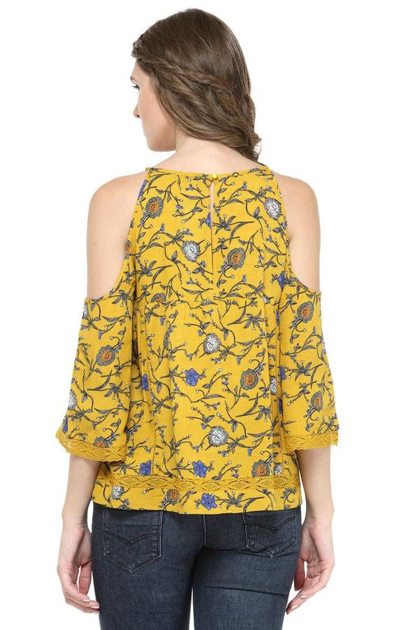 Gipsy Gipsy Women Mustard Boat Neck 3/4 Quarter Sleeves Top Mustard