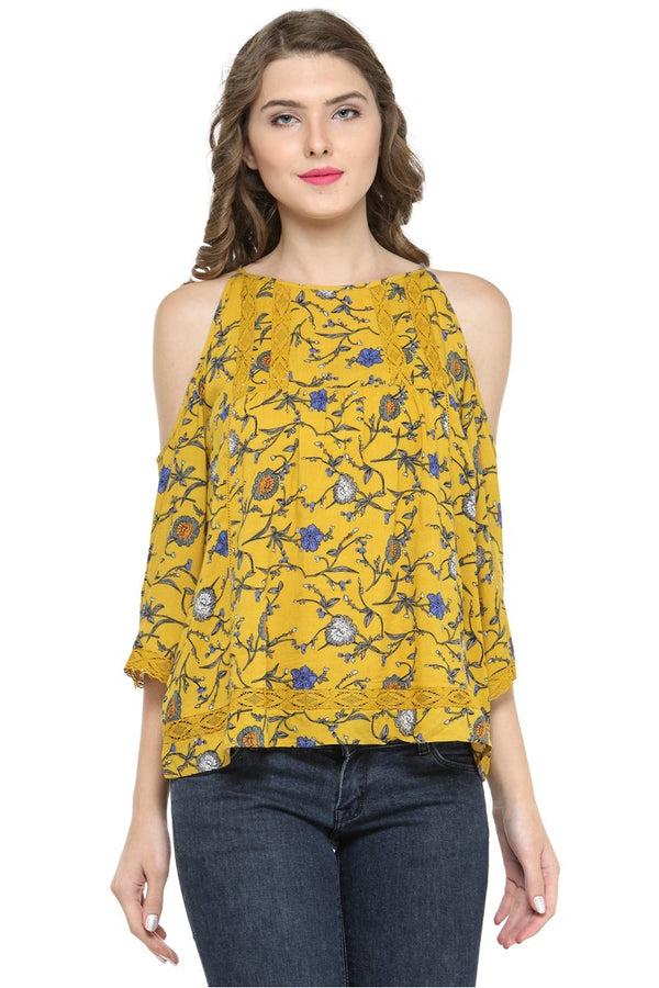 gipsy Gipsy Women Mustard Boat Neck 3/4 Quarter Sleeves Top Mustard