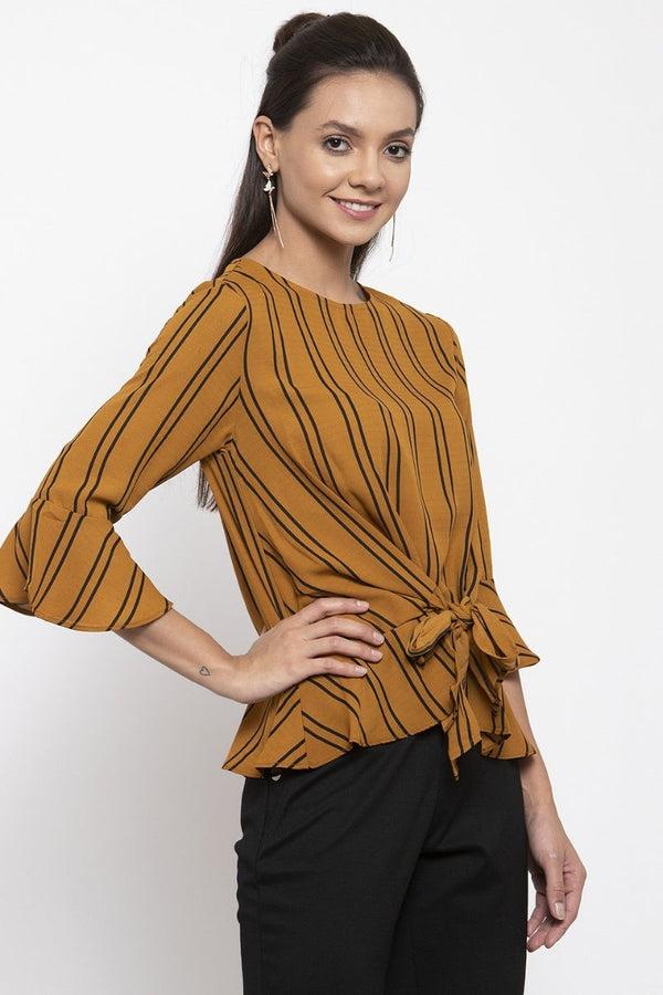 Gipsy Gipsy Women Mustard Round Neck 3/4 Quarter Ruffle Sleeves Top Mustard