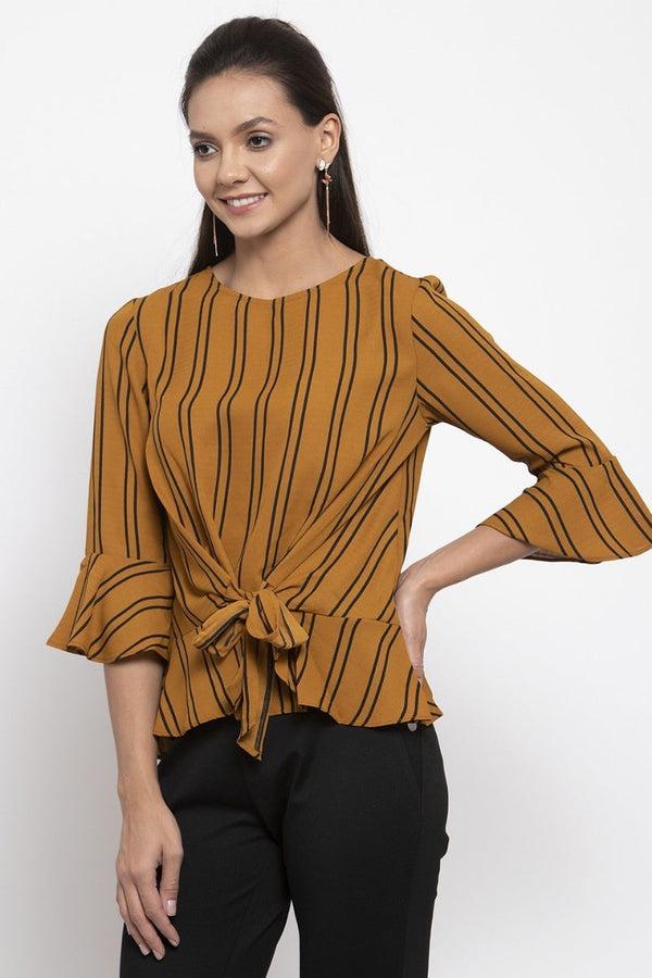 Gipsy Gipsy Women Mustard Round Neck 3/4 Quarter Ruffle Sleeves Top Mustard