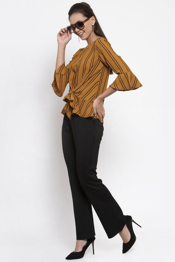 Gipsy Gipsy Women Mustard Round Neck 3/4 Quarter Ruffle Sleeves Top Mustard