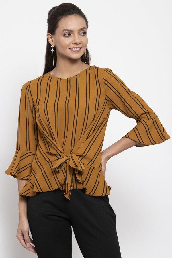 gipsy Gipsy Women Mustard Round Neck 3/4 Quarter Ruffle Sleeves Top Mustard