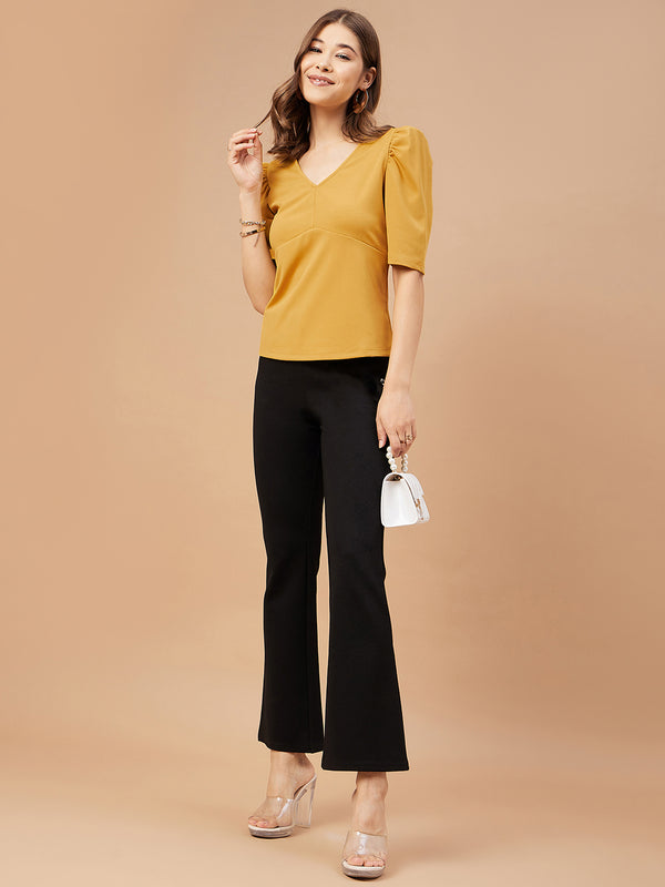 Gipsy Gipsy Women Mustard Solid Polyester Flutter Sleeve V Neck Blouse Mustard