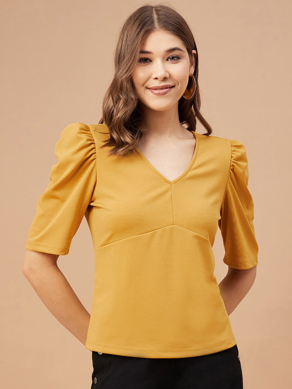 Gipsy Gipsy Women Mustard Solid Polyester Flutter Sleeve V Neck Blouse Mustard