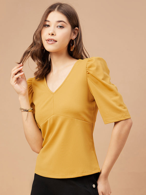 Gipsy Gipsy Women Mustard Solid Polyester Flutter Sleeve V Neck Blouse Mustard