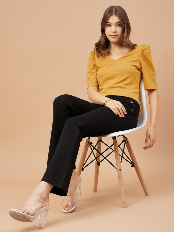 gipsy Gipsy Women Mustard Solid Polyester Flutter Sleeve V Neck Blouse Mustard