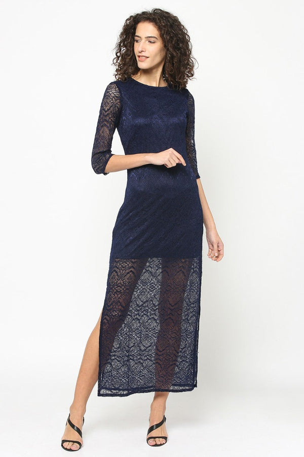 Gipsy Gipsy Women Navy Round Neck 3/4 Quarter Sleeves Dress Navy