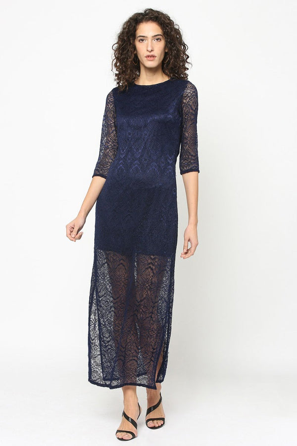 gipsy Gipsy Women Navy Round Neck 3/4 Quarter Sleeves Dress Navy