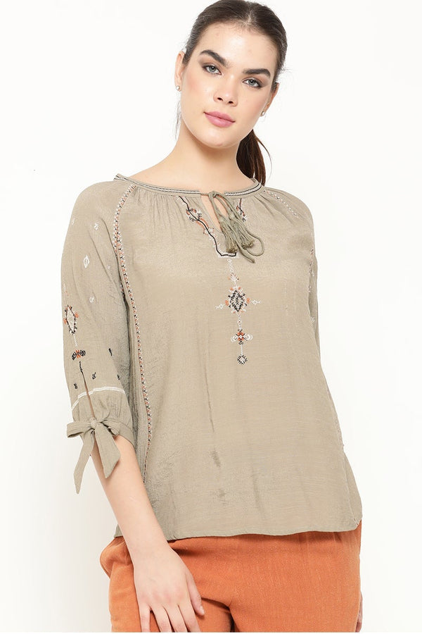 Gipsy Gipsy Women Olive Round Neck 3/4 Quarter Sleeves Tunic Olive