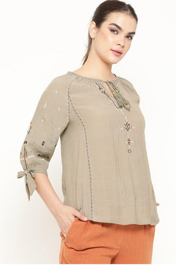 Gipsy Gipsy Women Olive Round Neck 3/4 Quarter Sleeves Tunic Olive