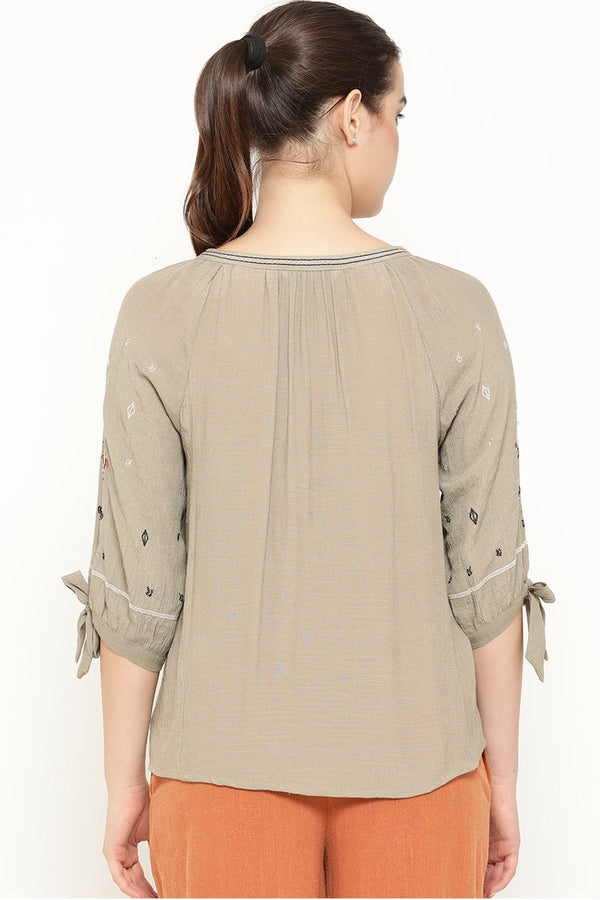 Gipsy Gipsy Women Olive Round Neck 3/4 Quarter Sleeves Tunic Olive
