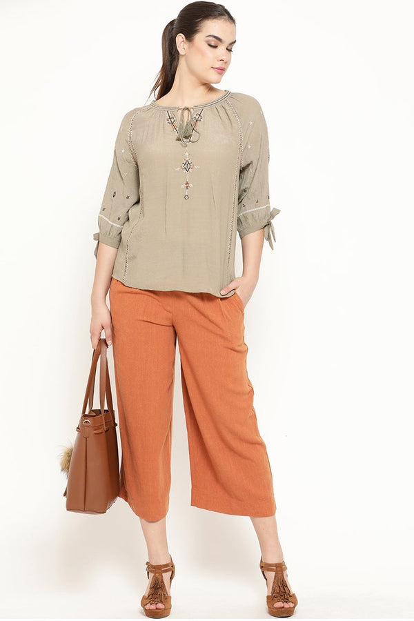 gipsy Gipsy Women Olive Round Neck 3/4 Quarter Sleeves Tunic Olive