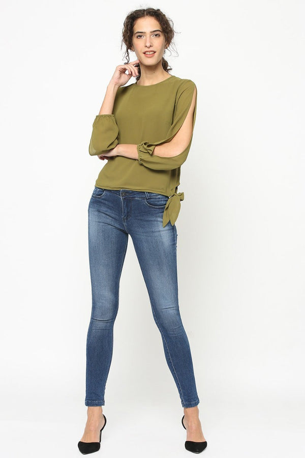 Gipsy Gipsy Women Olive Round Neck Full Cut Sleeves Top Olive