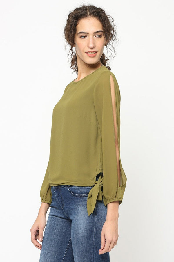 Gipsy Gipsy Women Olive Round Neck Full Cut Sleeves Top Olive