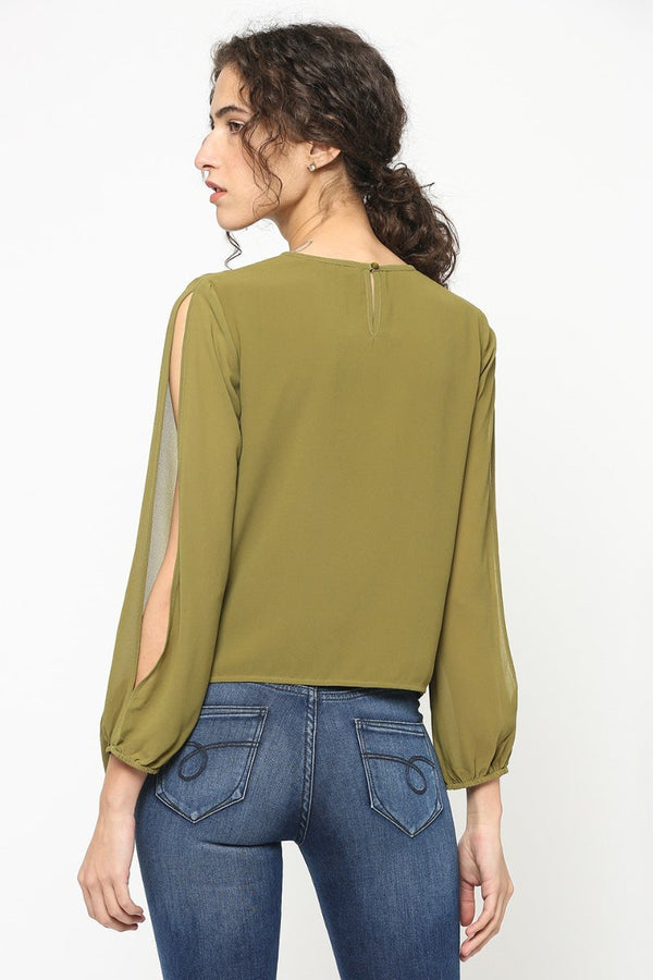 Gipsy Gipsy Women Olive Round Neck Full Cut Sleeves Top Olive