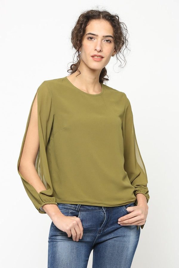 gipsy Gipsy Women Olive Round Neck Full Cut Sleeves Top Olive