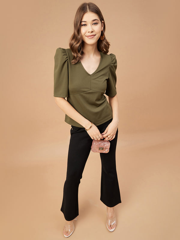 Gipsy Gipsy Women Olive Solid Polyester Flutter Sleeve V Neck Blouse Olive