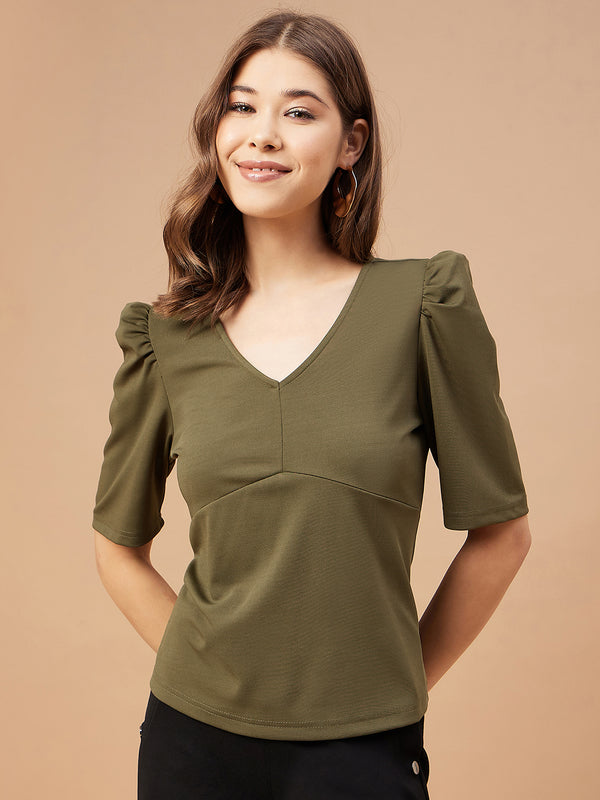 Gipsy Gipsy Women Olive Solid Polyester Flutter Sleeve V Neck Blouse Olive