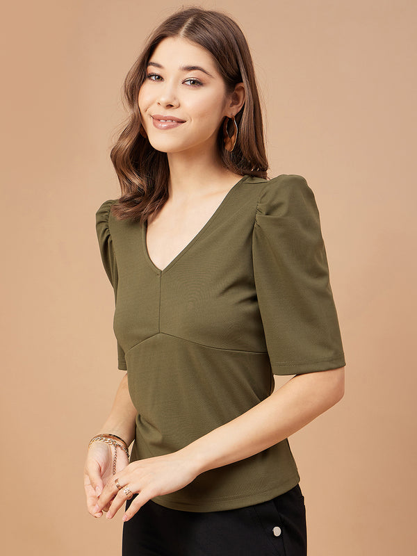 Gipsy Gipsy Women Olive Solid Polyester Flutter Sleeve V Neck Blouse Olive