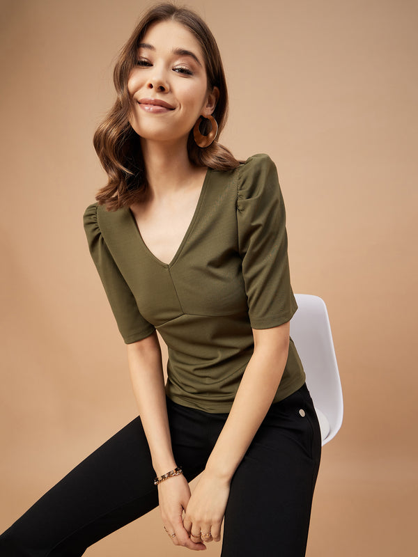 gipsy Gipsy Women Olive Solid Polyester Flutter Sleeve V Neck Blouse Olive