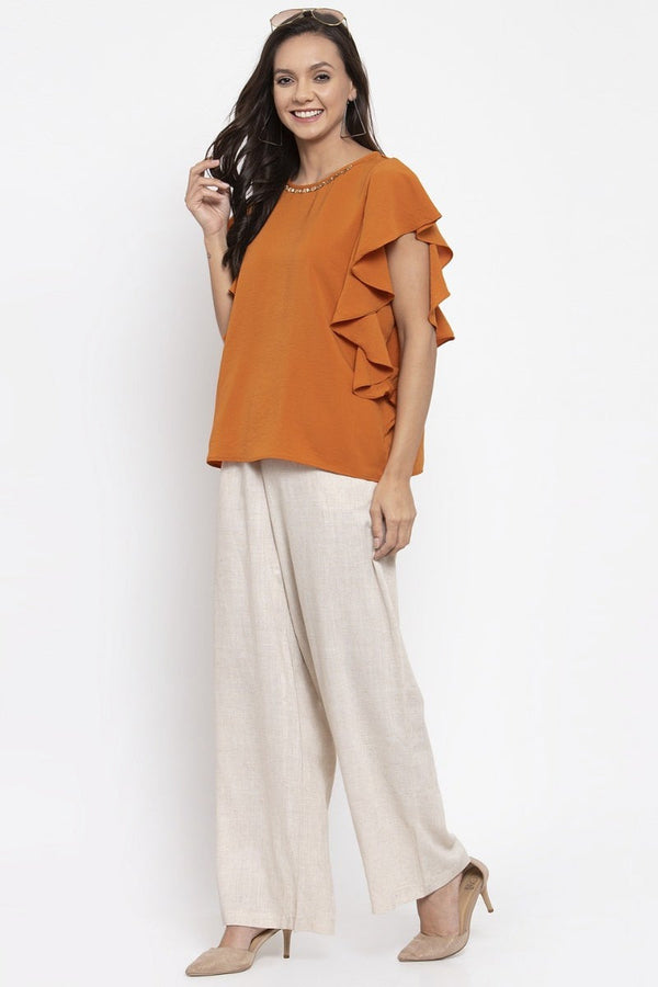 Gipsy Gipsy Women Orange Round Neck Ruffle Sleeves Top Orange