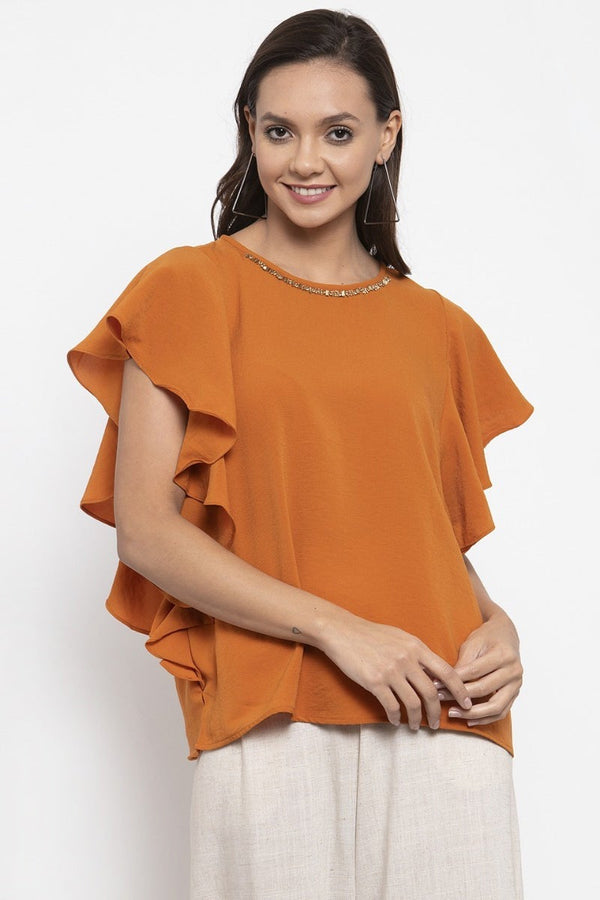 gipsy Gipsy Women Orange Round Neck Ruffle Sleeves Top Orange