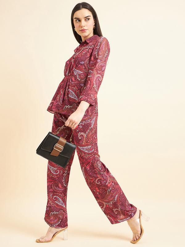 Gipsy Gipsy Women Printed Button Georgette Maroon Co-Ord Set Maroon