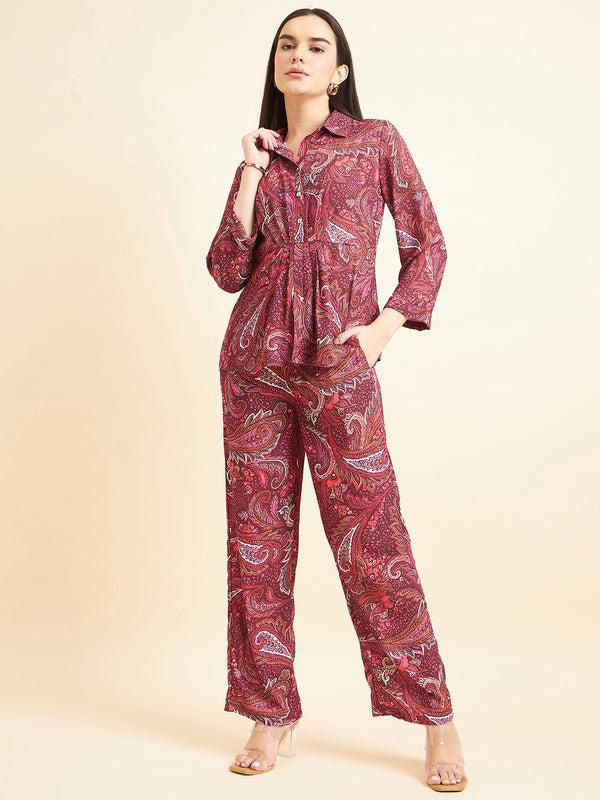 Gipsy Gipsy Women Printed Button Georgette Maroon Co-Ord Set Maroon