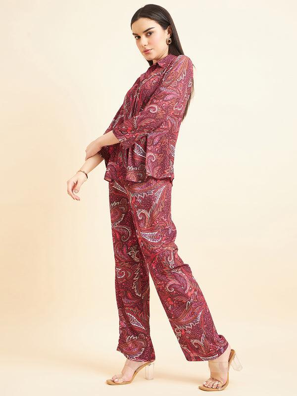 Gipsy Gipsy Women Printed Button Georgette Maroon Co-Ord Set Maroon