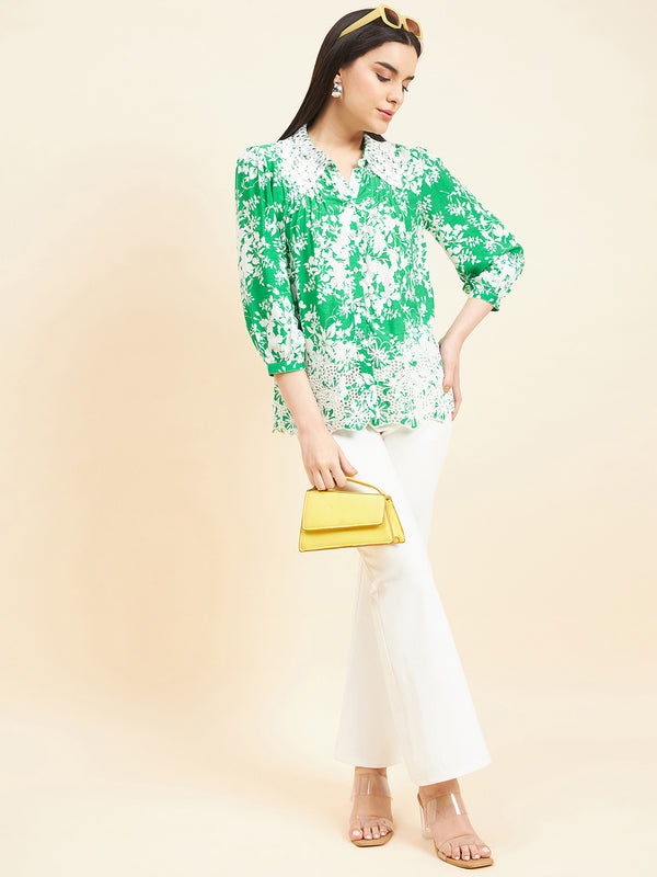 Gipsy Gipsy Women Printed Lace Rayon Green Shirt Green